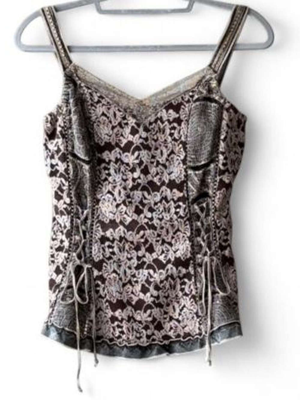 Vintage 100% Cotton Mastro Moda Y2K Lace Beige Grey Corset Style Tank Top Size M